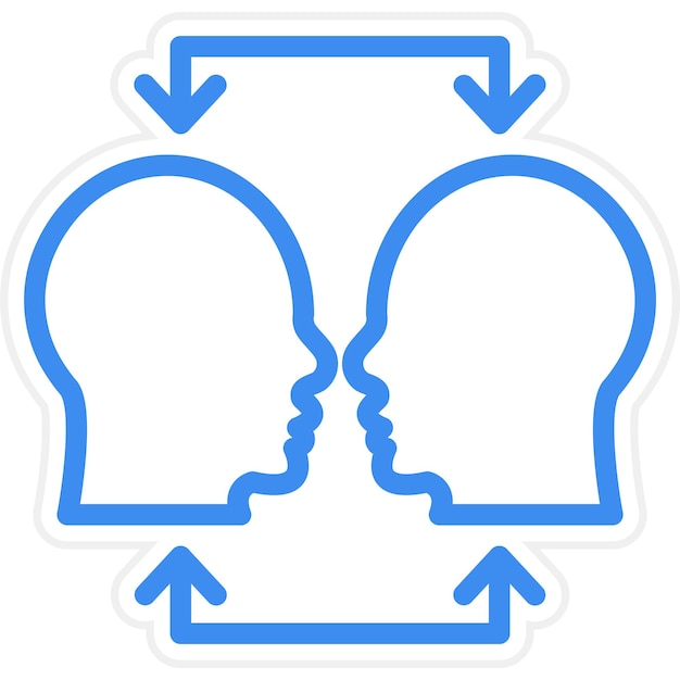 une image bleue et blanche de deux têtes et une main pointant vers les deux autres