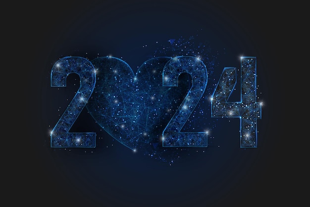 Image bleue isolée abstraite du nouvel an numéro 2024 L'illustration filaire polygonale low poly ressemble à des étoiles dans le ciel nocturne noir en spase ou en éclats de verre volants Conception internet web numérique