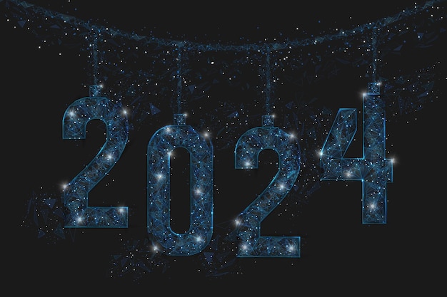 Image bleue isolée abstraite du numéro de la nouvelle année 2024 L'illustration filaire polygonale low poly ressemble à des étoiles dans le ciel nocturne blask dans des éclats de verre spase ou volants Conception Internet web numérique