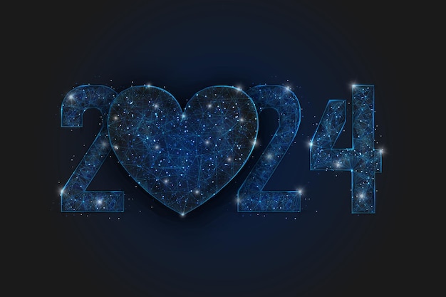 Image bleue isolée abstraite du numéro de la nouvelle année 2024 L'illustration filaire polygonale low poly ressemble à des étoiles dans le ciel nocturne blask dans des éclats de verre spase ou volants Conception Internet web numérique