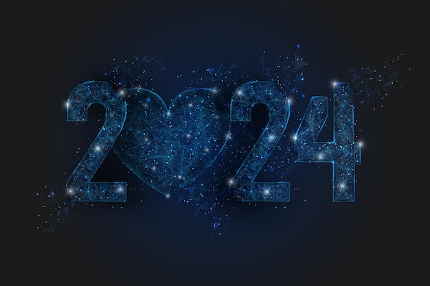 Image bleue isolée abstraite du numéro de la nouvelle année 2024 L'illustration filaire polygonale low poly ressemble à des étoiles dans le ciel nocturne blask dans des éclats de verre spase ou volants Conception Internet web numérique