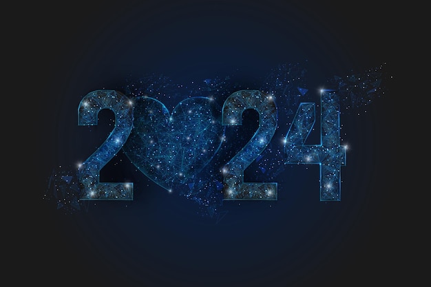 Image bleue isolée abstraite du numéro de la nouvelle année 2024 L'illustration filaire polygonale low poly ressemble à des étoiles dans le ciel nocturne blask dans des éclats de verre spase ou volants Conception Internet web numérique