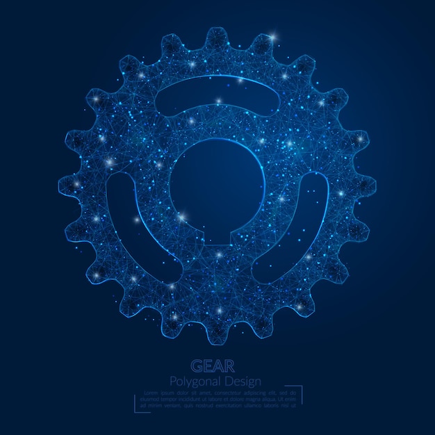 Image bleue isolée abstraite d'un engrenage L'illustration polygonale ressemble à des étoiles dans le ciel nocturne noir en spase ou en éclats de verre volants Conception numérique pour le site Web Internet
