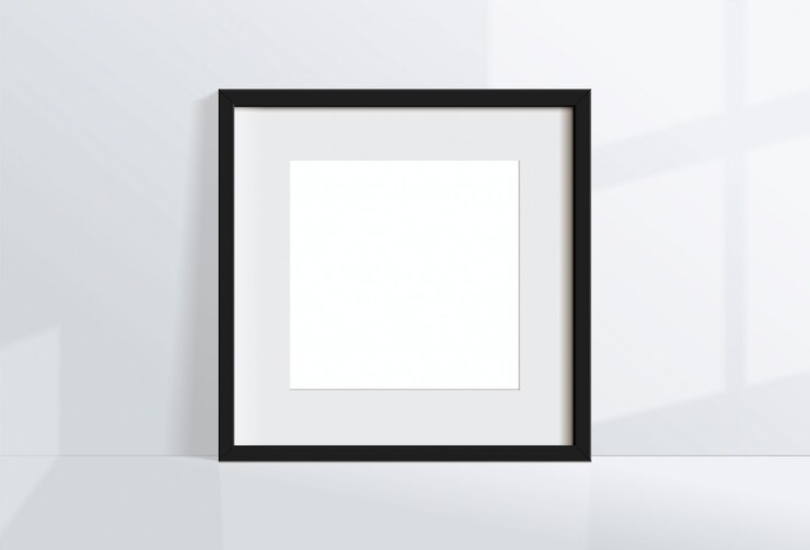 Vecteur image de cadre noir carré vide minimal accroché sur un mur blanc avec la lumière et l'ombre de la fenêtre. isoler l'illustration.