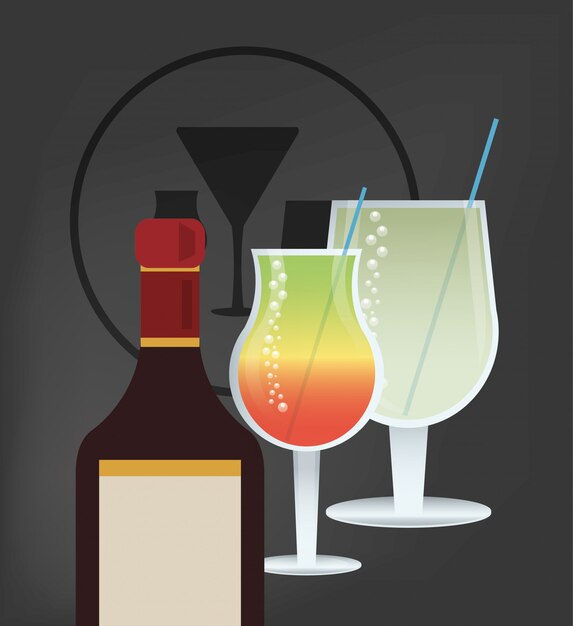 Vecteur image cocktail verre et bouteille de liqueur