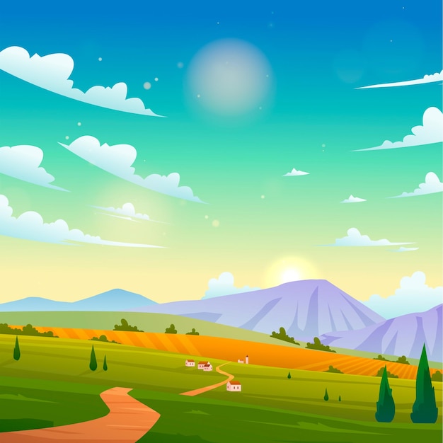 Une image colorée d'un paysage avec une route et des montagnes en arrière-plan