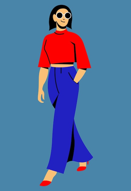 Image De Conception Plate De Vecteur D'une Fille Dans Des Vêtements à La Mode Marche Dans La Rue. Pantalon Bleu, Haut Rouge