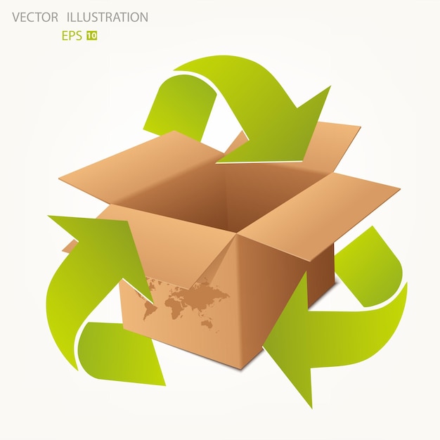 Vecteur image conceptuelle de l'aide et des soins pour le recyclage symbole de recyclage triangulaire vert sur une boîte en carton