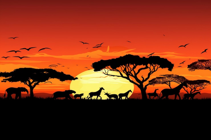 Vecteur une image d'un coucher de soleil avec des animaux et des arbres