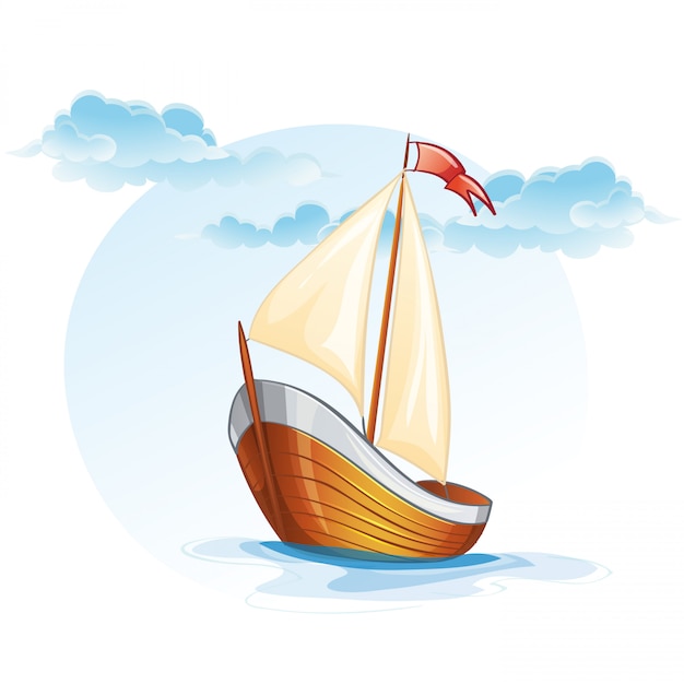 Image de dessin animé d'un bateau à voile en bois.