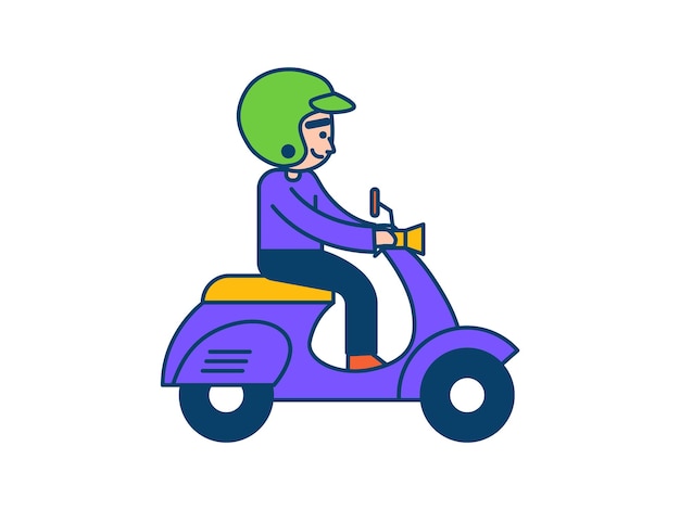 Vecteur une image de dessin animé d'un homme sur un scooter avec un casque vert