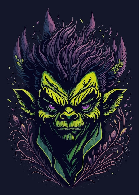 Une image de dessin animé d'un monstre vert aux yeux violets et aux cheveux verts.