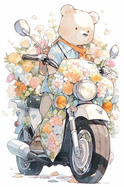 Une image de dessin animé d'un ours sur une moto avec des fleurs dessus.