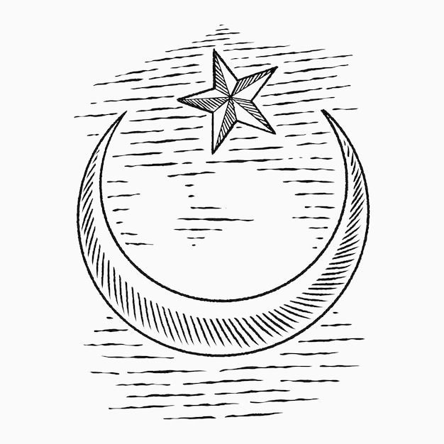 Image Dessinée à La Main Du Croissant De Lune Avec Le Symbole Islamique étoile Dans Le Style Vintage Ramadan Kareem Avec Des éléments De Conception Islamiques Religion Musulmane Sur Fond Turquoise Illustration Vectorielle