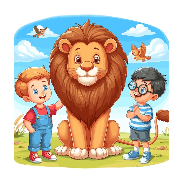 Une Image De Deux Enfants Avec Un Lion Et Un Lion Un Garçon Et Le Lion Sont De Bons Amis Illustration Vectorielle