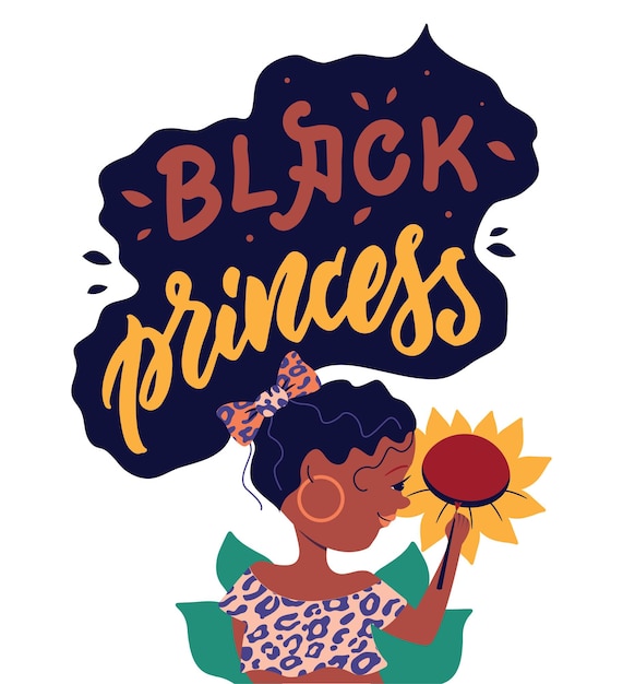 Vecteur l'image avec une fille afro la phrase la princesse noire est un artiste dessinant un tournesol girl day