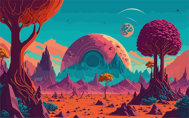 Vecteur image de fond de style vectoriel complexe représentant une planète extraterrestre avec des paysages bizarres et une flore unique