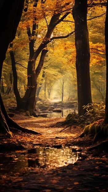 Vecteur une image d'une forêt à l'automne avec la lumière du soleil qui brille à travers les arbres