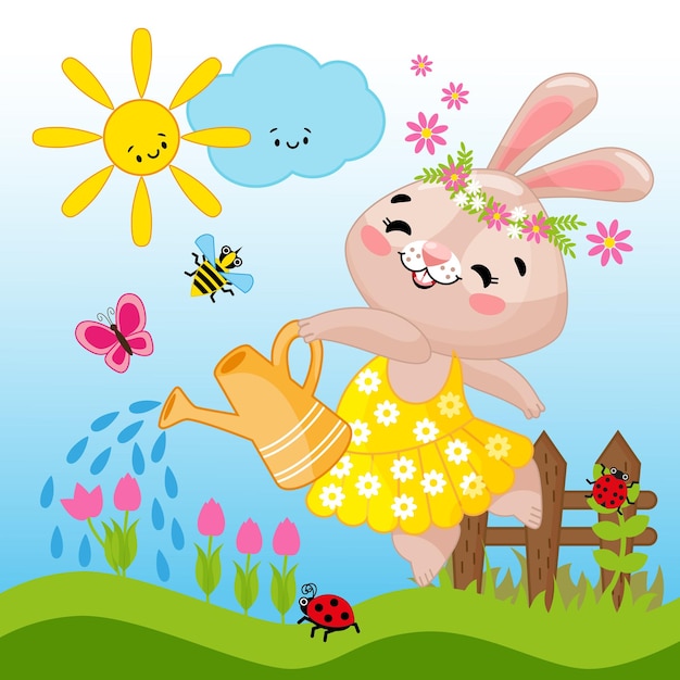 Vecteur image d'une jolie ballerine lapin arrosant des fleurs et dansant