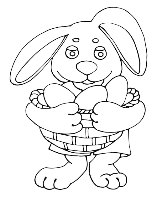 Vecteur image linéaire en noir et blanc lapin de pâques avec des oeufs à colorier