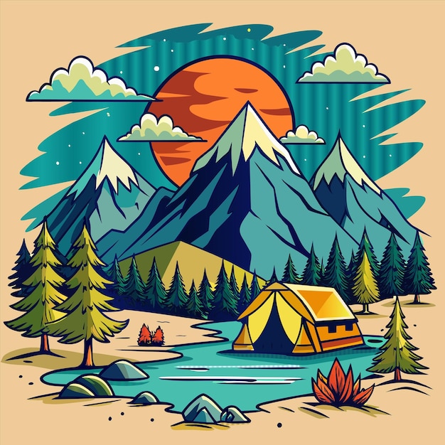 une image d'une montagne avec un camping-car et une montagne avec une pleine lune en arrière-plan