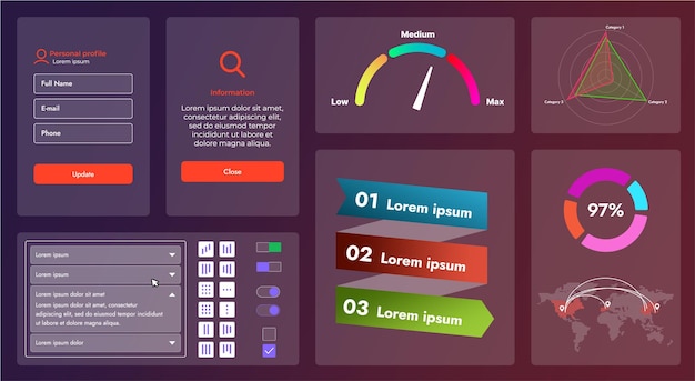 L'image montre l'interface d'une application Web ou d'un site composée d'éléments de navigation, de boutons et de divers composants. Le design comprend des icônes de formulaire de recherche de menu et des graphiques vectoriels.