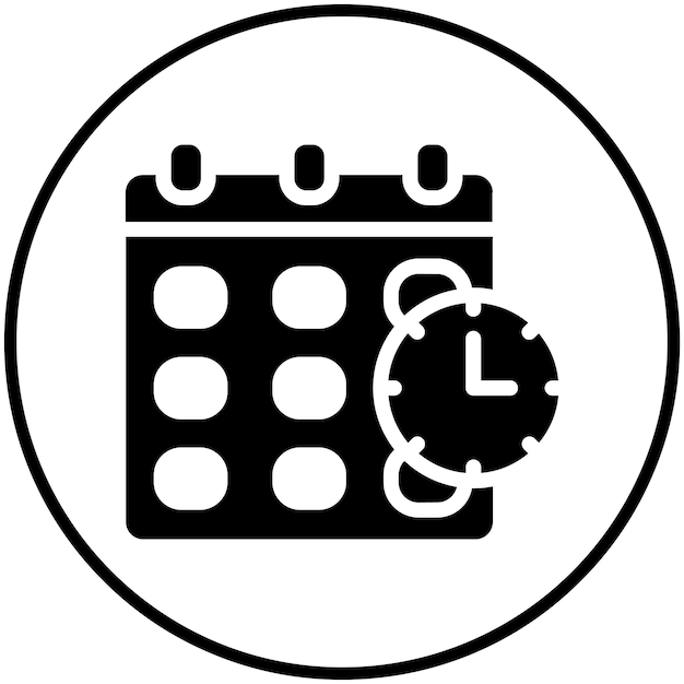 Vecteur une image en noir et blanc d'un calendrier avec une horloge dessus