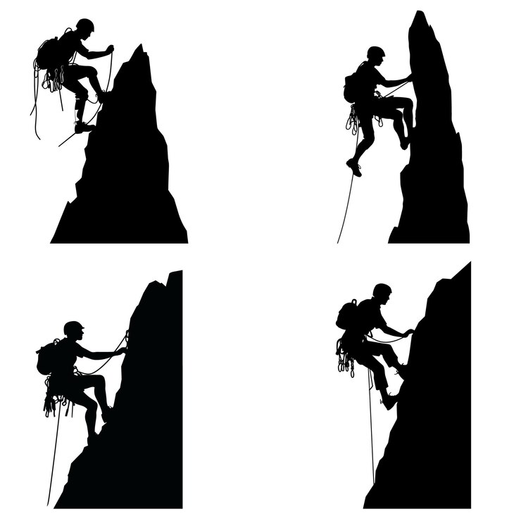 Vecteur une image en noir et blanc d'un homme qui grimpe sur une montagne