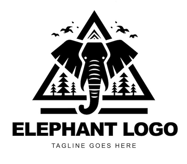 Vecteur une image en noir et blanc d'un logo d'éléphant avec des arbres et des montagnes