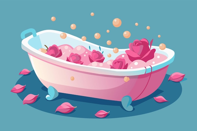 Vecteur image photoréaliste d'une baignoire remplie de bulles et de pétales de rose pour une expérience de spa relaxante