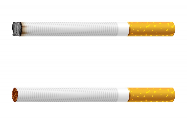 Vecteur image réaliste d'une cigarette brûlante classique avec du tabac, isolé sur fond blanc.