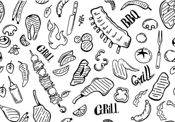 Image sans couture des plats grillés de viande et de légume