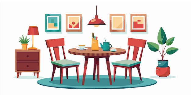 Vecteur une image d'une table de salle à manger et de chaises avec des images sur le mur