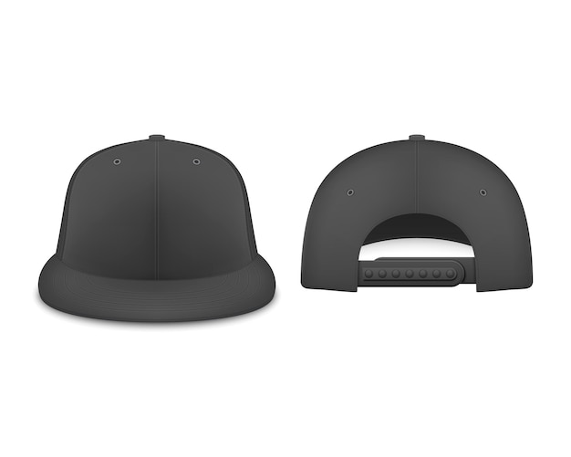 Vecteur image vectorielle 3d réaliste rendu noir blanc baseball snapback cap icon set gros plan isolé sur fond blanc modèle de conception pour la marque de maquette publicité vue avant et arrière