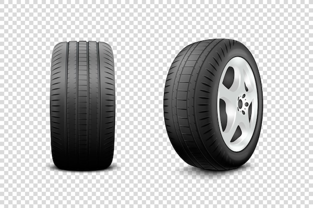 Image vectorielle 3d rendu réaliste icône de roue de voiture gros plan isolé sur fond transparent modèle de conception de nouveaux pneus avec jantes en alliage vue avant et latérale
