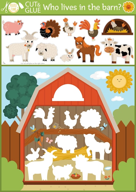 Image Vectorielle Sur L'activité De Découpe Et De Collage De La Ferme Jeu D'artisanat Avec Des Animaux De Ferme Mignons Et Des Oiseaux Dans La Grange Feuille De Travail Imprimable Amusante Trouvez La Bonne Pièce Du Puzzle Complétez L'image Qui Manque Gamexa