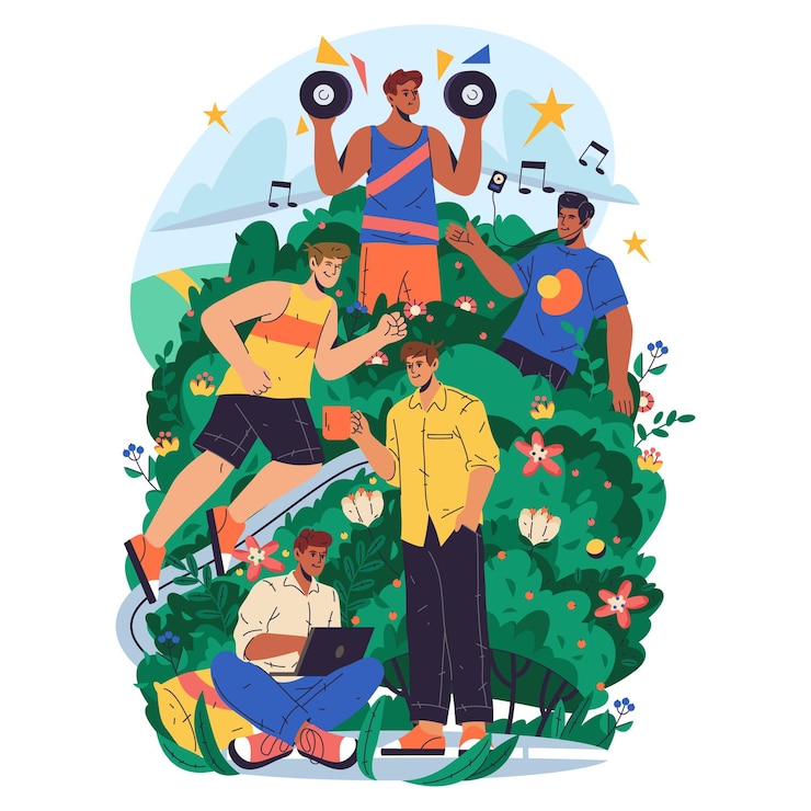 Vecteur image vectorielle de l'activité des hommes ou de la relaxation homme harmonie ou consonance illustration concept humain