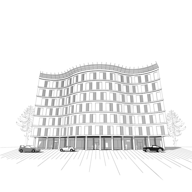 Image Vectorielle Arrière-plan Architectural Noir Et Blanc Avec Immeuble Moderne à Plusieurs étages D'appartements Ou De Bureaux