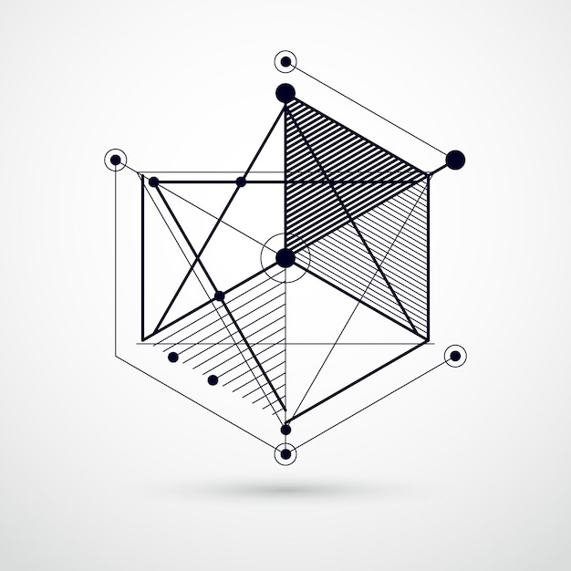 Image vectorielle arrière-plan noir et blanc abstrait créé dans le style de lignes de maillage isométrique. Schéma mécanique, dessin d'ingénierie vectoriel avec pièces de cube et de mécanisme. Arrière-plan parfait pour vos créations