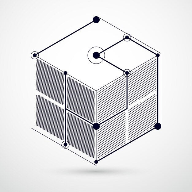 Image vectorielle arrière-plan noir et blanc abstrait créé dans le style de lignes de maillage isométrique. Schéma mécanique, dessin d'ingénierie vectoriel avec pièces de cube et de mécanisme. Arrière-plan parfait pour vos créations