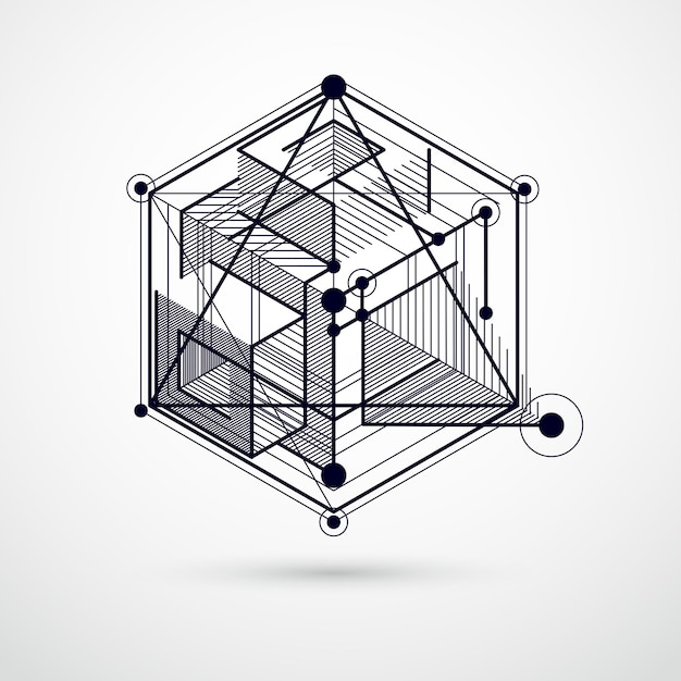 Image vectorielle arrière-plan noir et blanc abstrait créé dans le style de lignes de maillage isométrique. Schéma mécanique, dessin d'ingénierie vectoriel avec pièces de cube et de mécanisme. Arrière-plan parfait pour vos créations