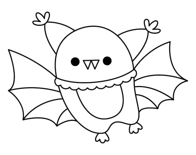 Vecteur image vectorielle chauve-souris kawaii noir et blanc personnage de ligne halloween souriant mignon pour enfants drôle automne toussaint animal de dessin animé avec illustration d'ailes déployées icône de fête samhain ou page à colorier