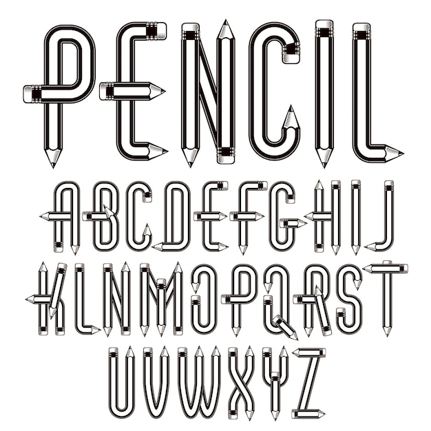 Image vectorielle collection de lettres de l'alphabet anglais majuscule construite avec des crayons pointus, conception d'outils de bureau. Peut être utilisé dans la conception d'affiches comme publicité dans les magazines.