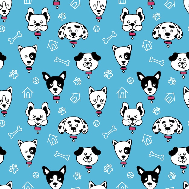 Image Vectorielle Couleur Dessinée à La Main Sans Couture Répétant Un Motif Simple Enfantin Avec Des Chiens Mignons