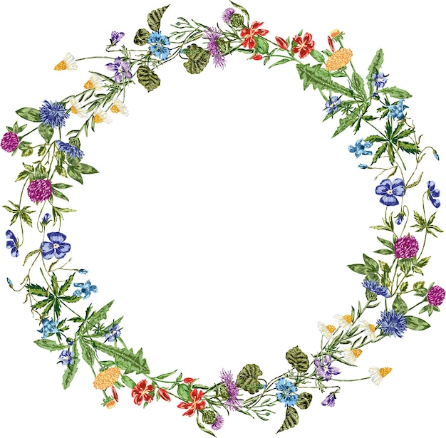 Image vectorielle d'une couronne d'été fleurie à partir de diverses fleurs sauvages dessinées