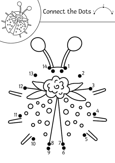 Image vectorielle dottodot et activité de couleur avec une coccinelle mignonne Les vacances de printemps relient le jeu de points pour les enfants avec un insecte forestier drôle Page de coloriage Woodland pour les enfants avec une coccinelle xA