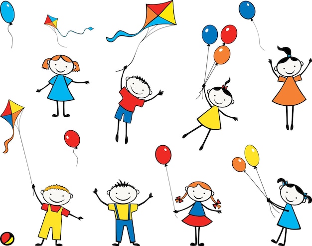 Image Vectorielle D'enfants Ludiques Avec Des Ballons Et Des Cerfs-volants