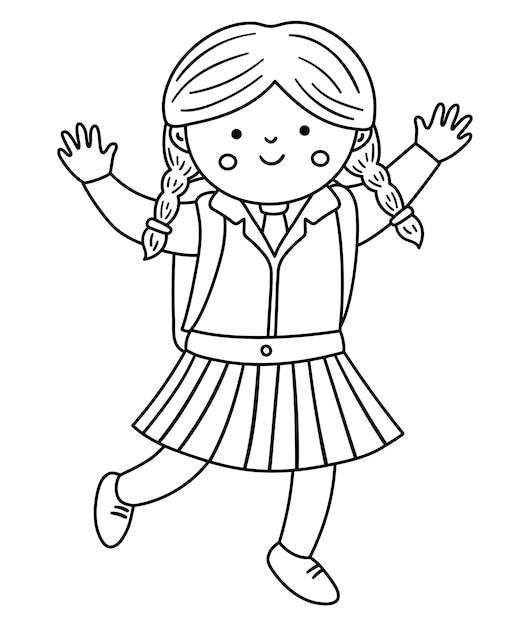 Image Vectorielle Fille Heureuse En Noir Et Blanc Sautant De Joie Avec Les Mains Vers Le Haut Illustration Du Personnage De Retour à L'école élève Drôle En Uniforme Avec Icône De Ligne De Cartablexa