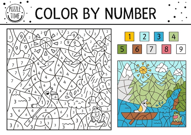 Image Vectorielle Forêt Couleur Par Numéro Activité Avec Arbres Montagnes Rivière Cascade Et Oiseau Dans Un Bateau Voyage D'été Coloriage Et Jeu De Comptage Page De Coloration Amusante Pour Les Enfants Avec Scène De La Nature Xa