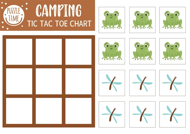 Image Vectorielle Forêt Tic Tac Toe Graphique Avec Grenouille Mignonne Et Libellule Jeu De Société Woodland Terrain De Jeu Avec Animal Et Insecte Feuille De Travail Imprimable Drôle Pour Les Enfants Grille De Morpion Xa